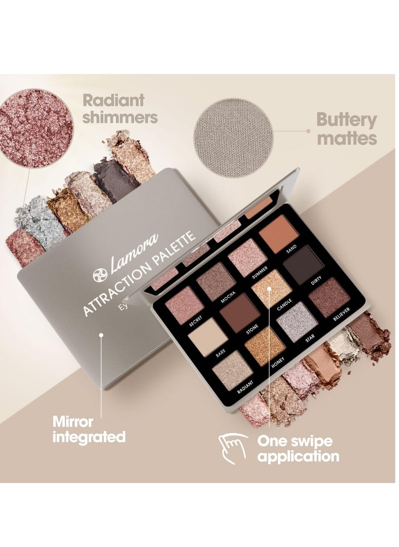 Lamora Nude Neutral Eyeshadow Palette - 12 Natural Highly Pigmented Shimmer & Matte Shades - Travel Size Makeup Palette with Mirror