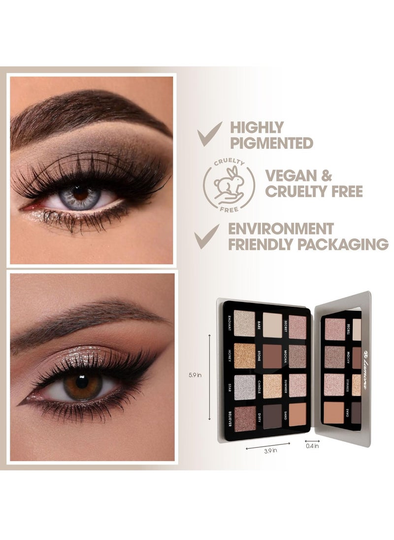 Lamora Nude Neutral Eyeshadow Palette - 12 Natural Highly Pigmented Shimmer & Matte Shades - Travel Size Makeup Palette with Mirror