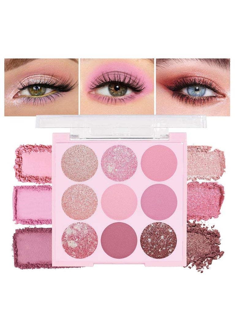 AMY'S DIARY Pink Shimmer Eye Shadow Makeup Palette 9 Colors, Highly Pigmented Matte Glitter Shimmer Pearl Waterproof Party Sparkling Eyeshadow Palette (02#)