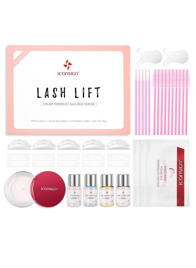 Lash Lift Kit, Gentle Formula Eyelash Perm Set with Enhanced Glue Balm, Suitable for Various Lash Types and Lengths, Semi Permanent Curled Eyelashes Lasting for 6-8 Weeks