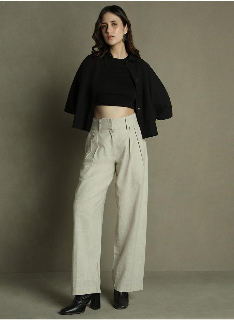 Grey Relaxed Fit Pleated Trousers for Women - Cotton Poplin, Full Length, Mid Rise, Casual,