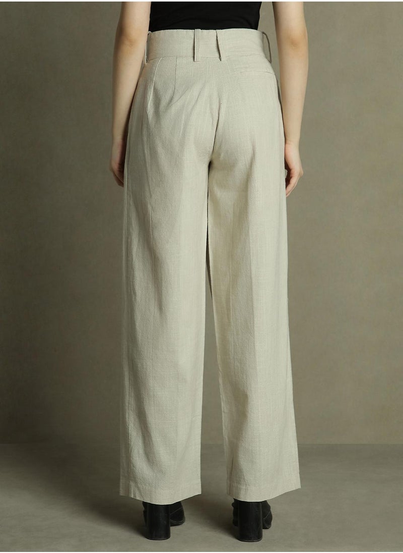 Grey Relaxed Fit Pleated Trousers for Women - Cotton Poplin, Full Length, Mid Rise, Casual,