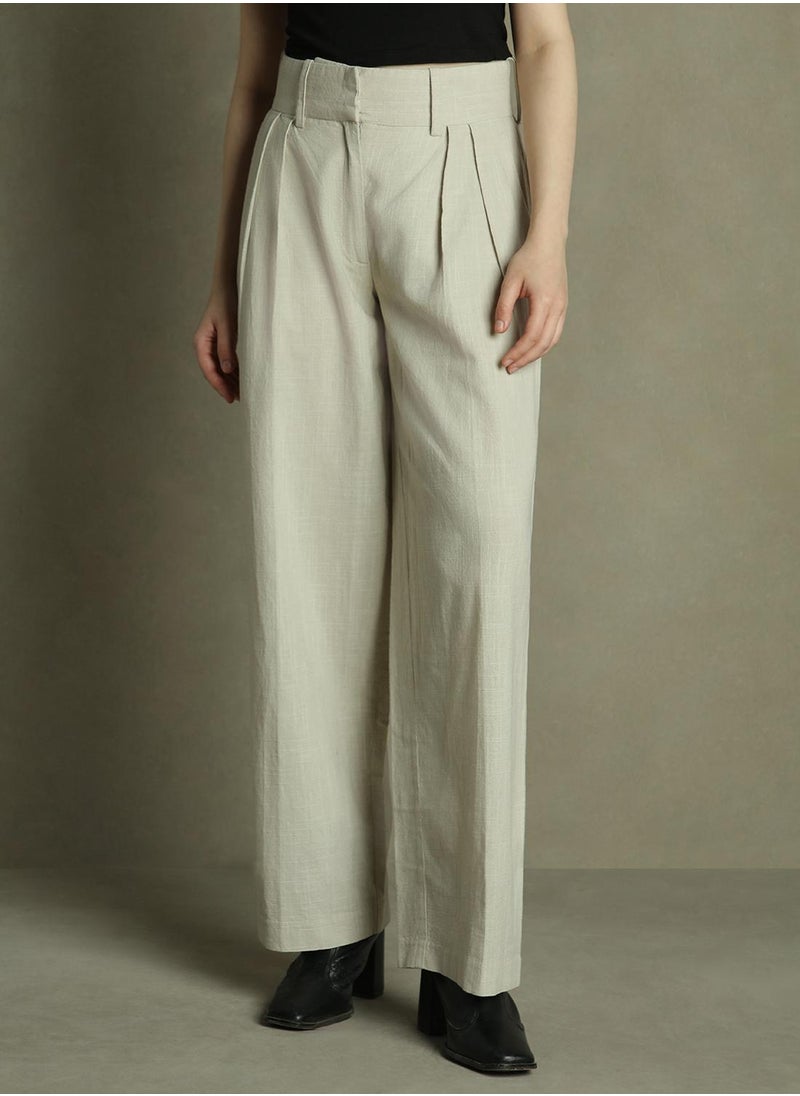 Grey Relaxed Fit Pleated Trousers for Women - Cotton Poplin, Full Length, Mid Rise, Casual,