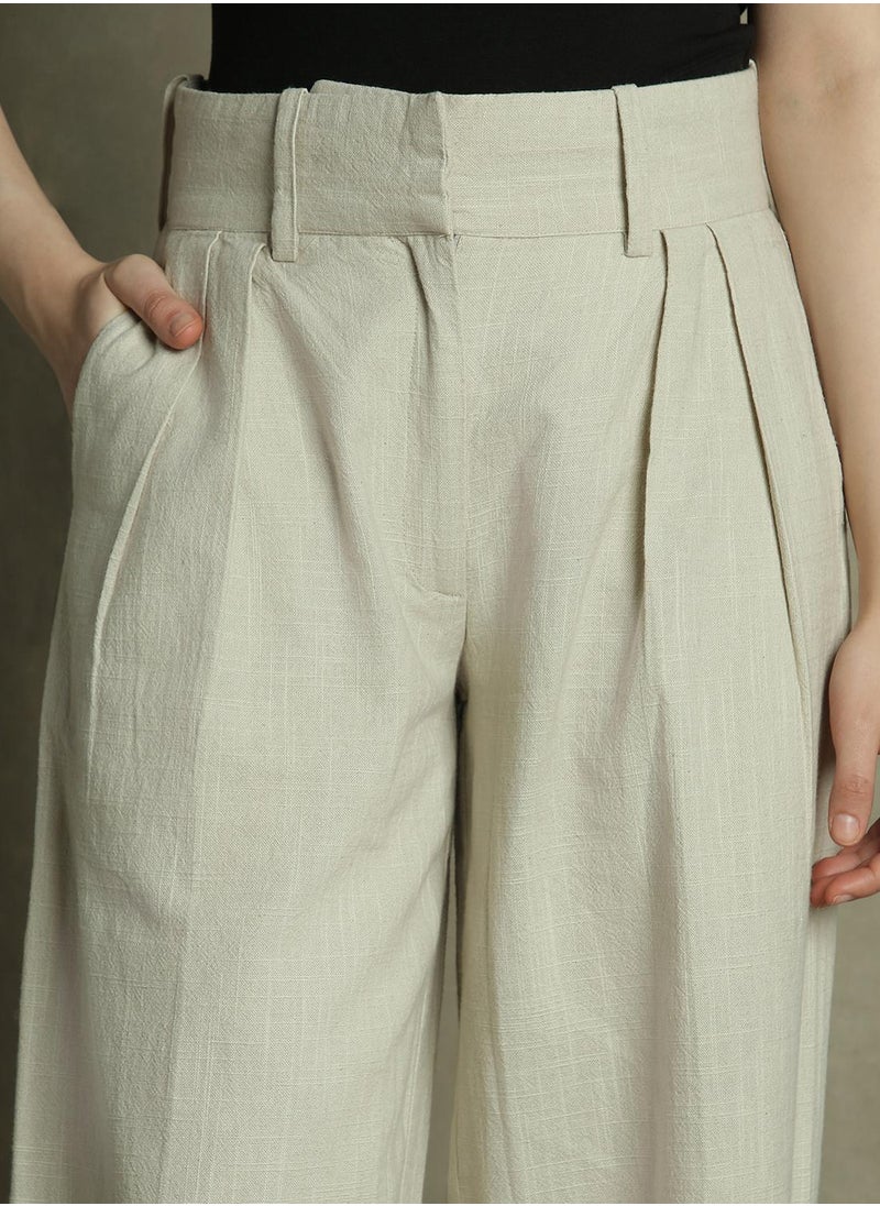 Grey Relaxed Fit Pleated Trousers for Women - Cotton Poplin, Full Length, Mid Rise, Casual,