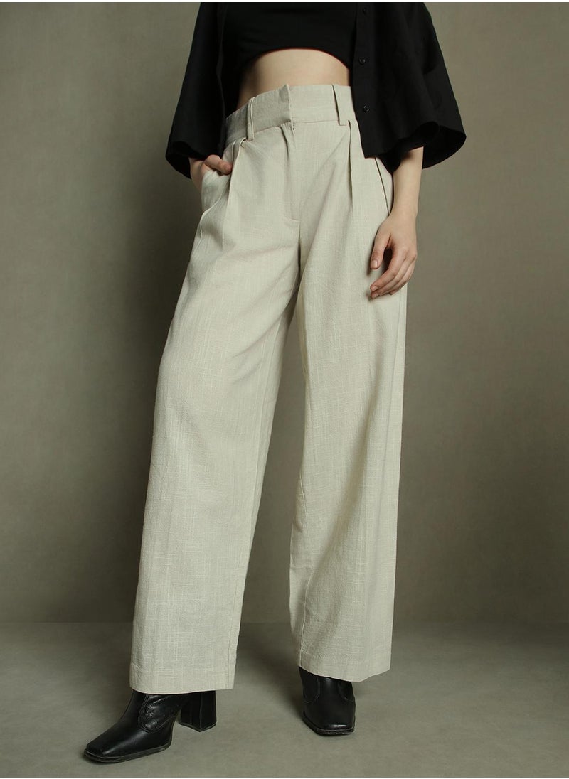 Grey Relaxed Fit Pleated Trousers for Women - Cotton Poplin, Full Length, Mid Rise, Casual,