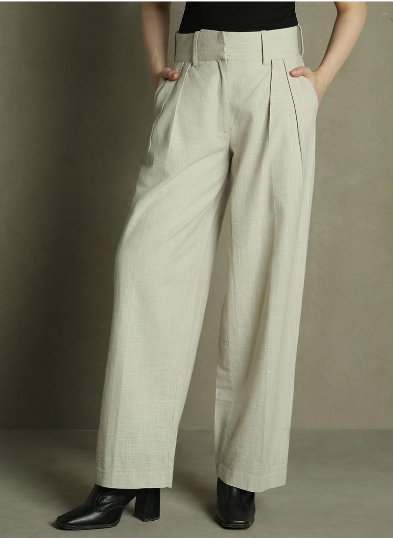Grey Relaxed Fit Pleated Trousers for Women - Cotton Poplin, Full Length, Mid Rise, Casual,