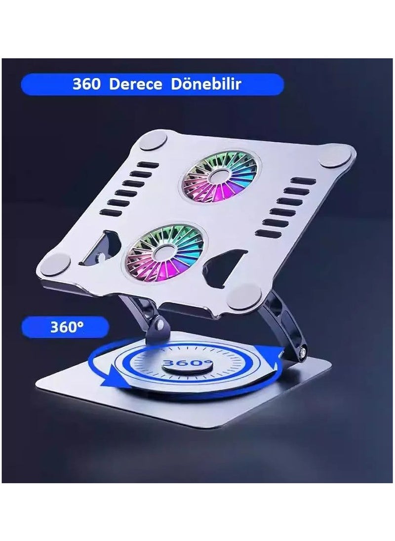 Metal Laptop Stand  360 Degree Rotatable Rgb Dual Fan Premium Series Notebook Holder Aluminum Macbook Riser.