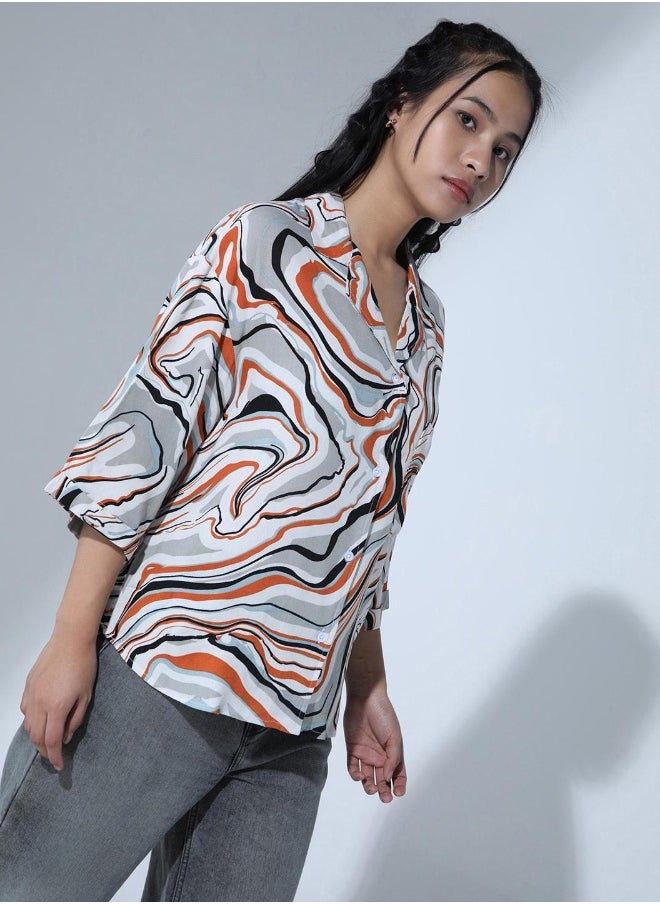 Spread Collar Abstract Printed Classic Opaque Oversized Party Shirt