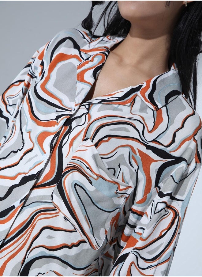 Spread Collar Abstract Printed Classic Opaque Oversized Party Shirt