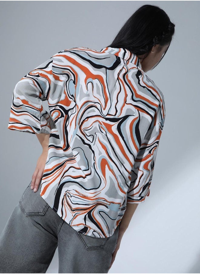 Spread Collar Abstract Printed Classic Opaque Oversized Party Shirt