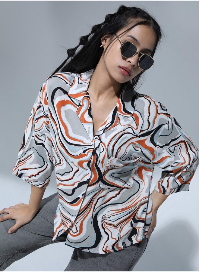 Spread Collar Abstract Printed Classic Opaque Oversized Party Shirt