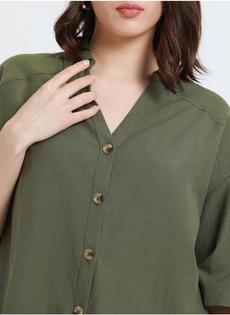Olive Shirt for Women - Cotton Viscose Flex, Regular Fit