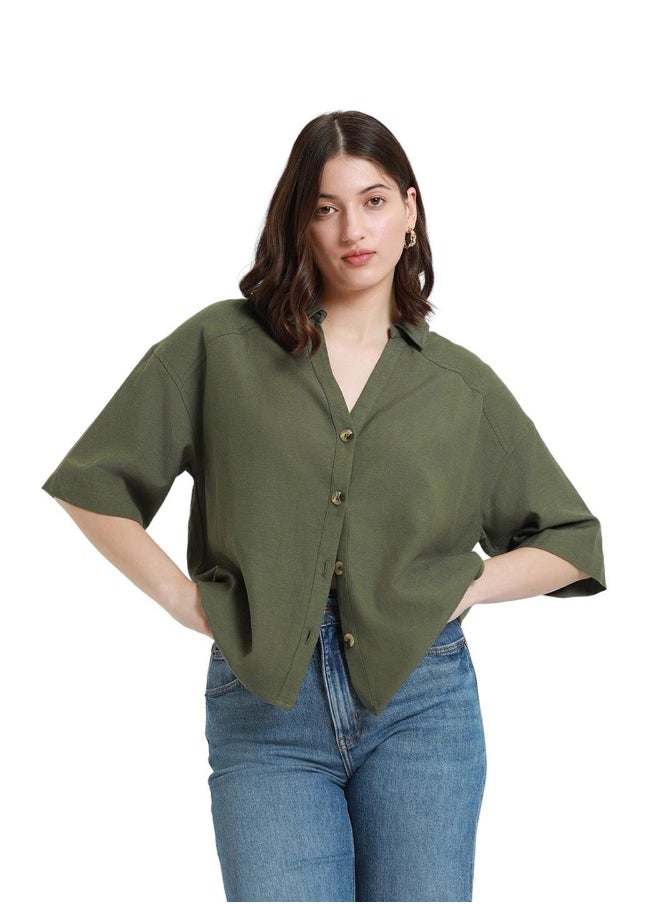 Olive Shirt for Women - Cotton Viscose Flex, Regular Fit