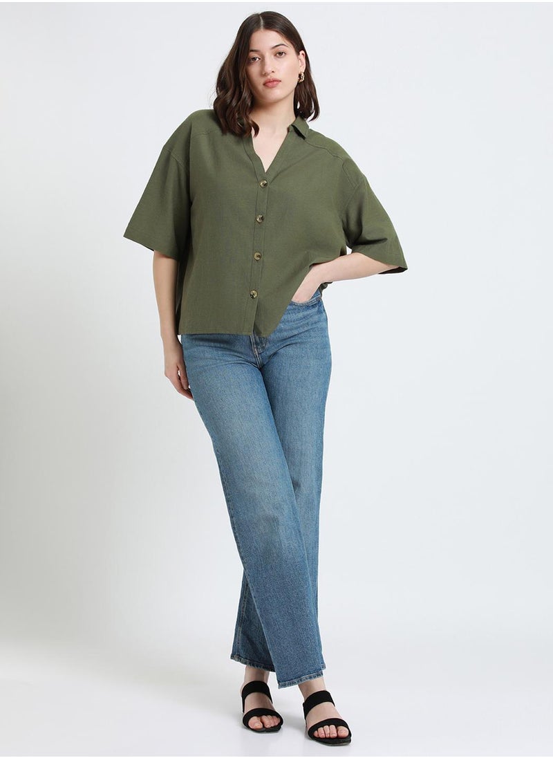 Olive Shirt for Women - Cotton Viscose Flex, Regular Fit