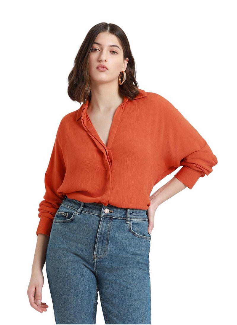 Rust Shirt for Women - Viscose Crepe, Relaxed Fit