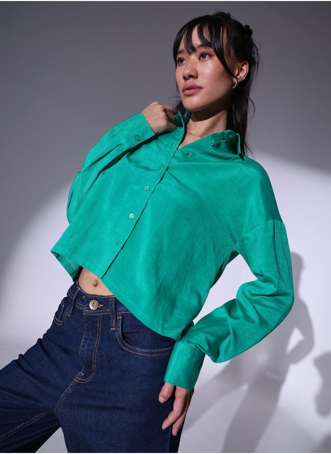 Relaxed Spread Collar Oversized Cropped Casual Shirt