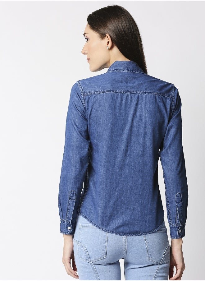 Women Blue Regular Fit Solid Casual Shirt