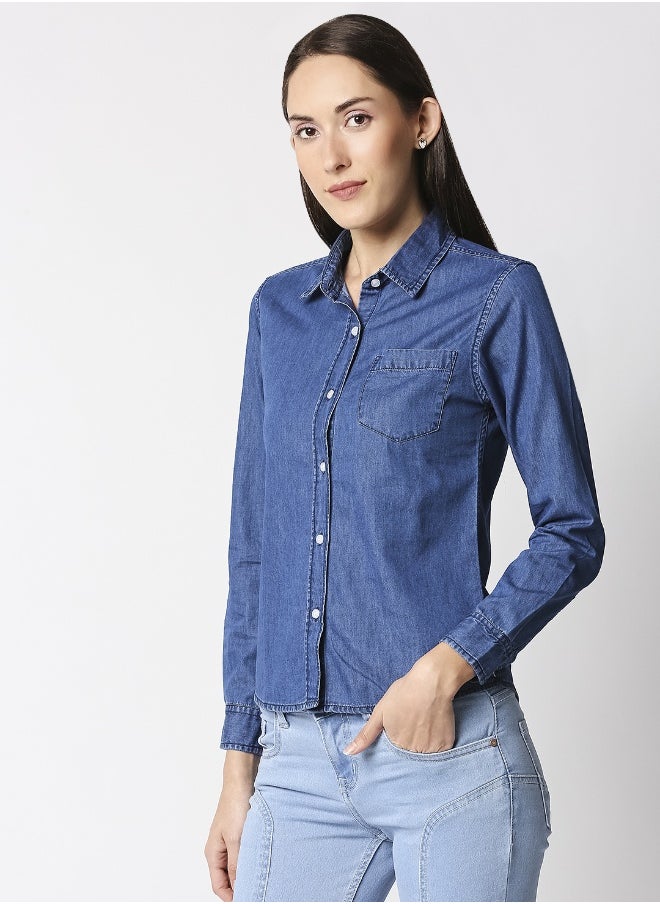 Women Blue Regular Fit Solid Casual Shirt