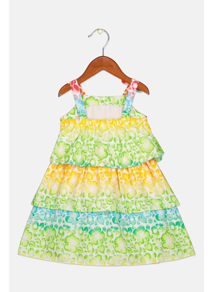 Toddlers Girl Floral Ruffle Dress, Green Combo