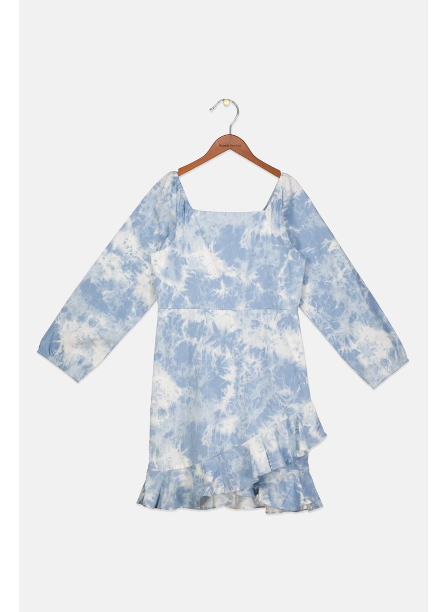 Kids Girl Long Sleeves Tie Dye Dress, Blue Tie Dye