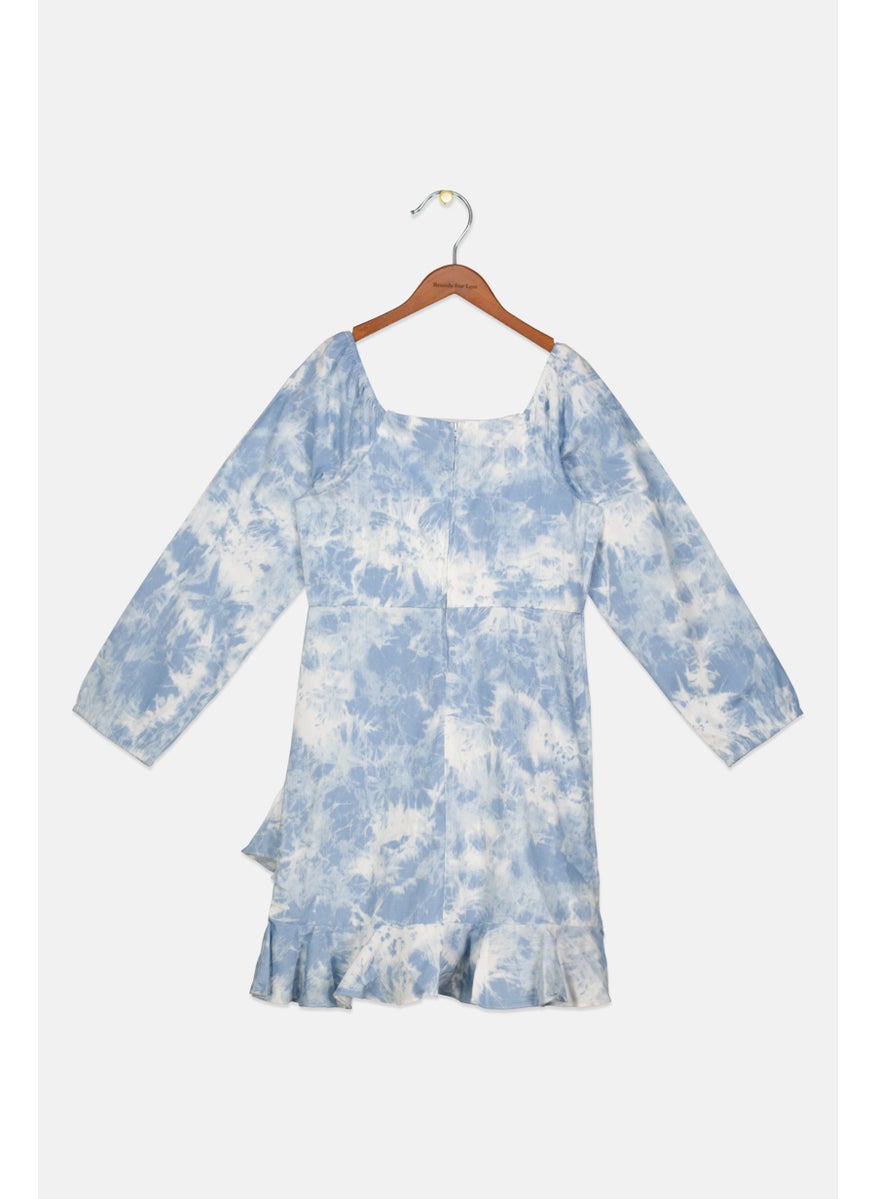 Kids Girl Long Sleeves Tie Dye Dress, Blue Tie Dye