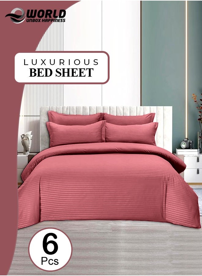 6-Piece Premium King Size Bedding Set, Maroon Striped Design and High-Quality Cotton Hotel Luxury Bedsheet Soft Quilt Cover and Pillowcases