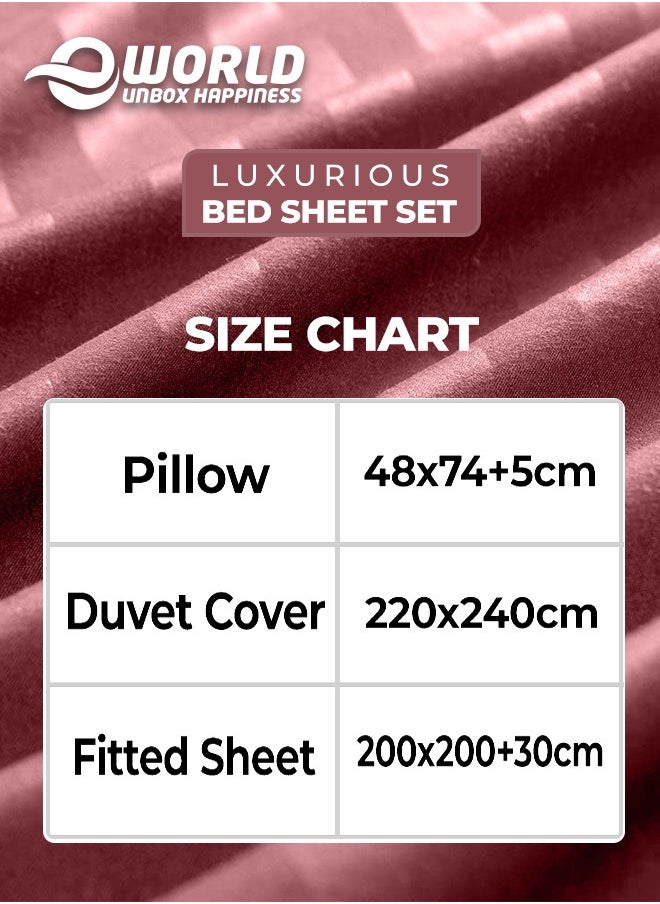 4-Piece Luxury King Size Maroon Striped Bedding Set Includes 1 Duvet Cover (220x240cm), 1 Fitted Bed Sheet (200x200+30cm), and 2 Pillow Cases (48x74+5cm) for Ultimate Hotel-Inspired Sophistication