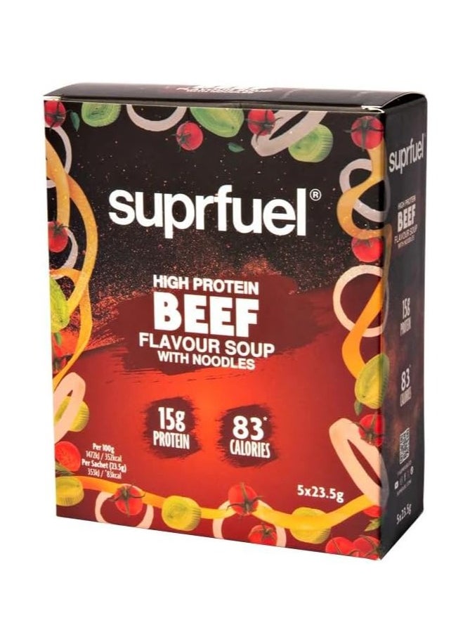 Suprfuel High Protein Beef Instant Flavour Soup with noodles and dried vegetables 15g Protein with sweetener, 83 calories, 5 Meals (5x23.5g per sachet, BEEF)