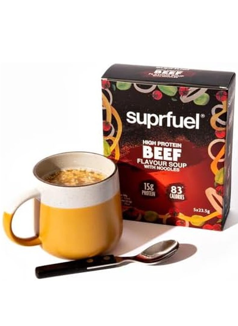 Suprfuel High Protein Beef Instant Flavour Soup with noodles and dried vegetables 15g Protein with sweetener, 83 calories, 5 Meals (5x23.5g per sachet, BEEF)