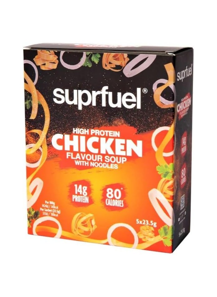 Suprfuel High Protein Chicken Instant Flavour Soup 14g Protein with noodles, 80 calories 120g, 5 Meals (5x23.5g, CHICKEN)