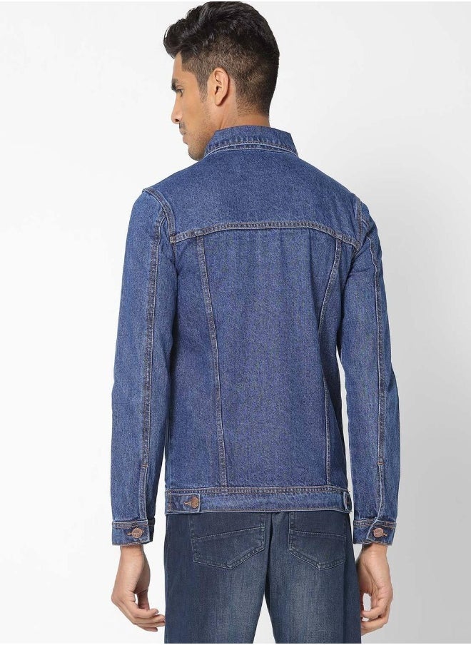 Men Blue Solid Denim Jacket