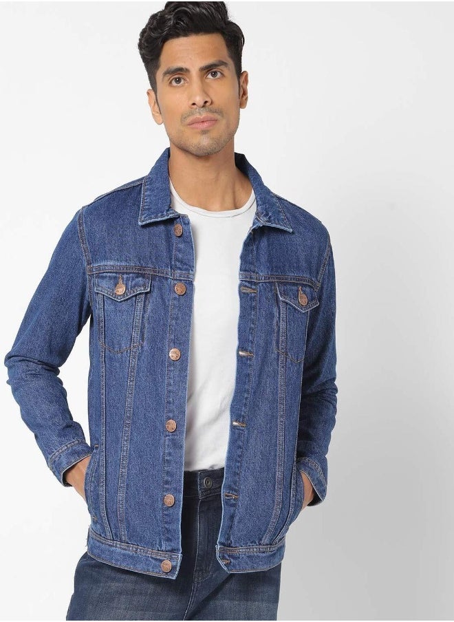 Men Blue Solid Denim Jacket