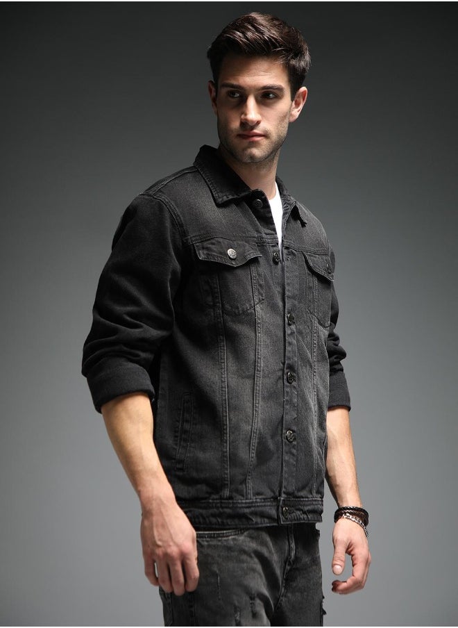 Men Black Solid Denim Jacket