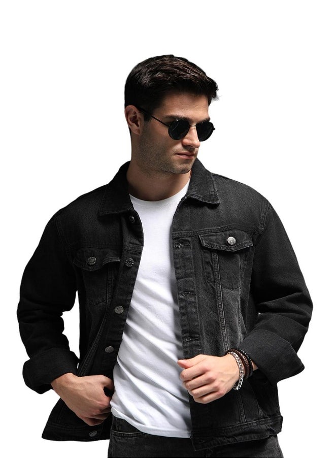 Men Black Solid Denim Jacket