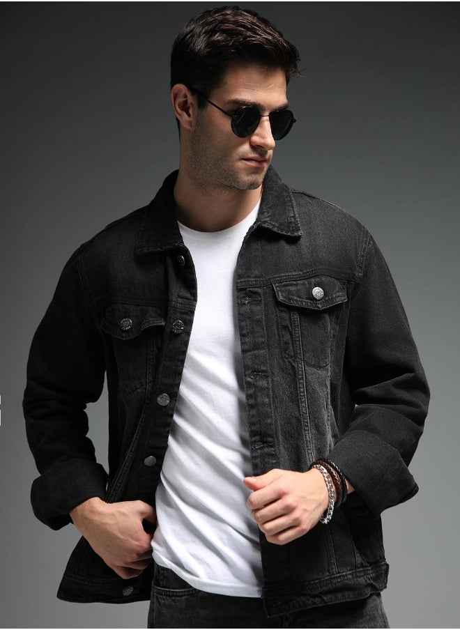 Men Black Solid Denim Jacket