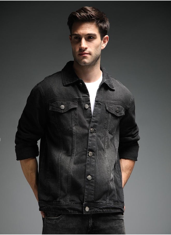 Men Black Solid Denim Jacket