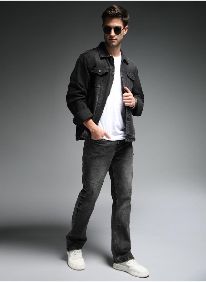 Men Black Solid Denim Jacket