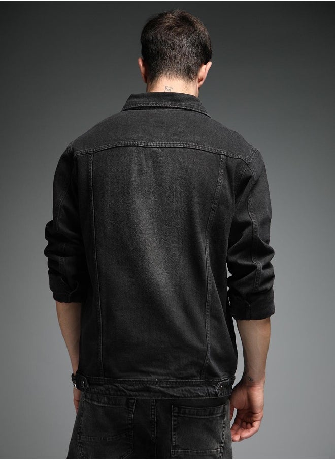 Men Black Solid Denim Jacket