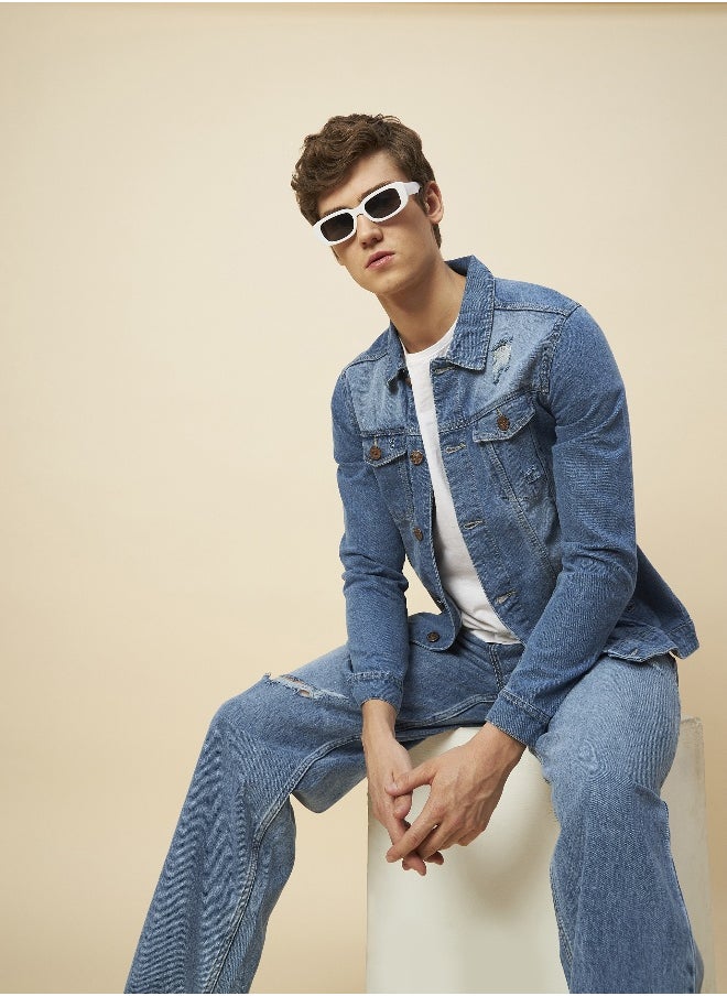 Men Blue Solid Ripped Denim Jacket