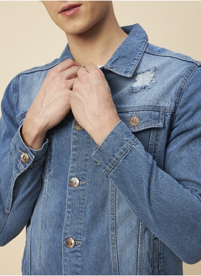 Men Blue Solid Ripped Denim Jacket