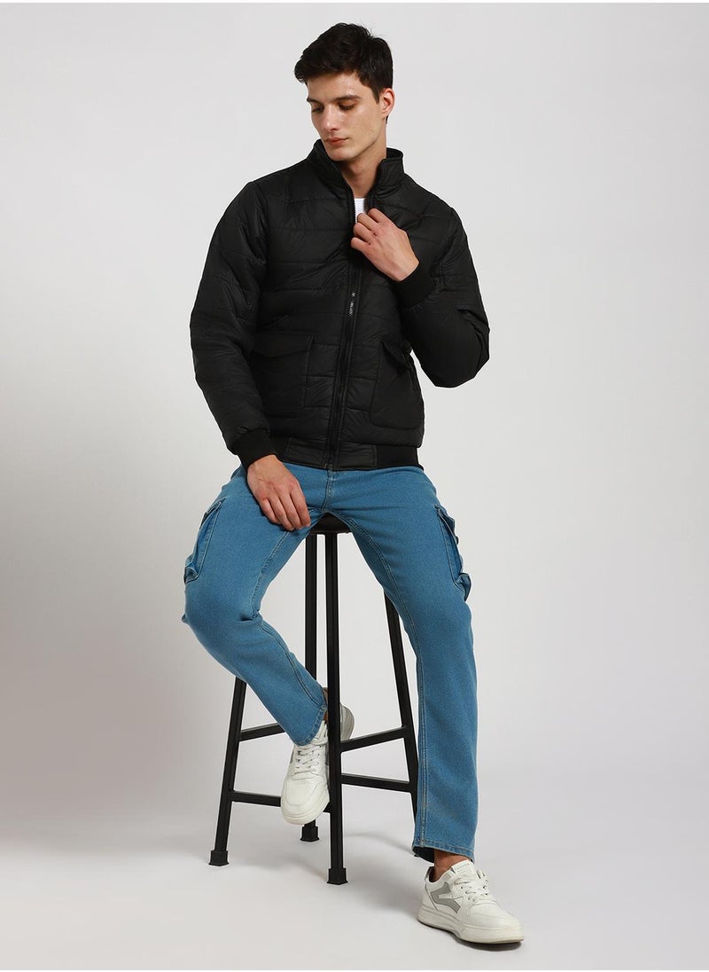 Black Regular Fit Men's Solid Mock Neck Full Sleeves Polyester Jacket with Zipper Closure