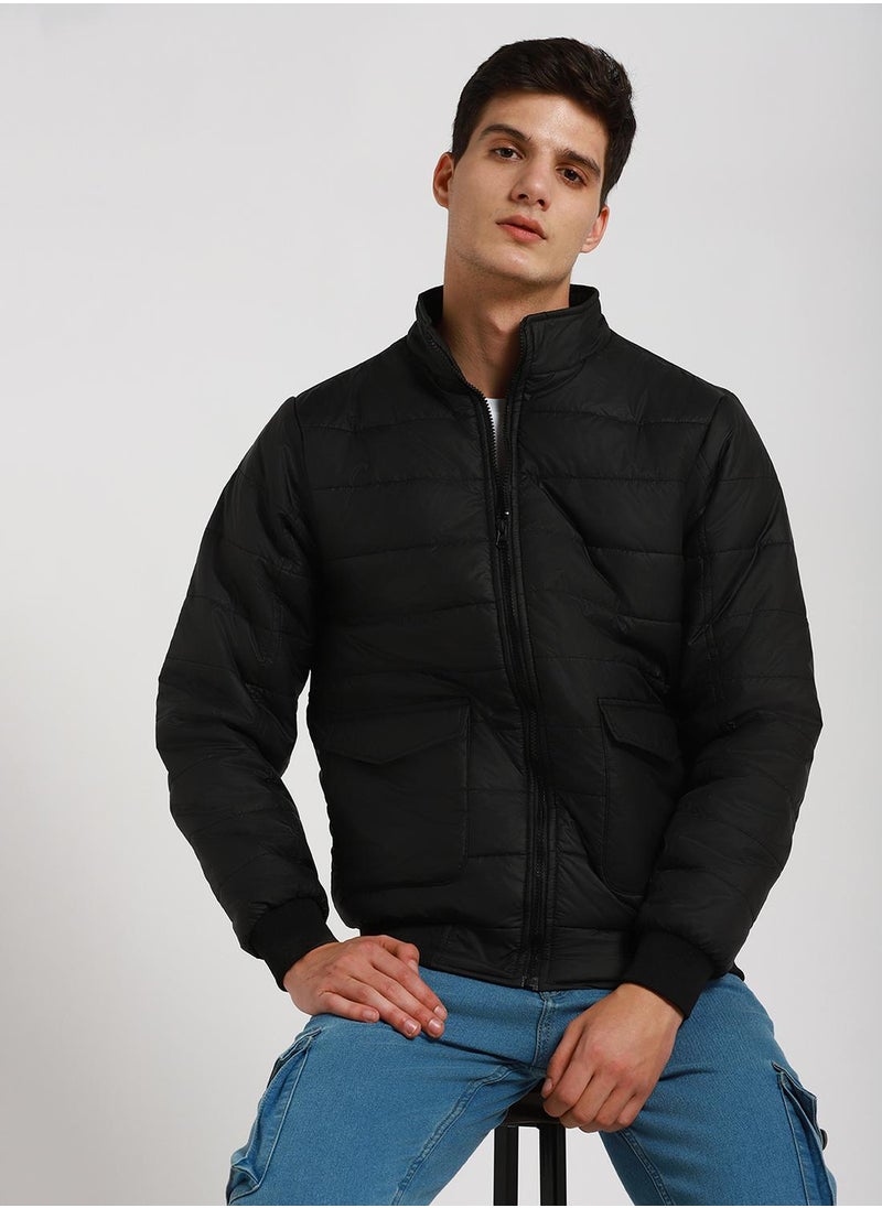 Black Regular Fit Men's Solid Mock Neck Full Sleeves Polyester Jacket with Zipper Closure