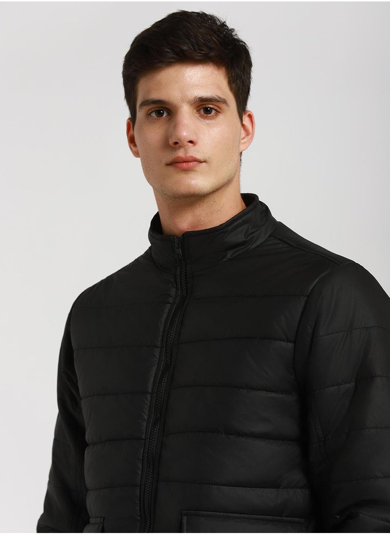 Black Regular Fit Men's Solid Mock Neck Full Sleeves Polyester Jacket with Zipper Closure