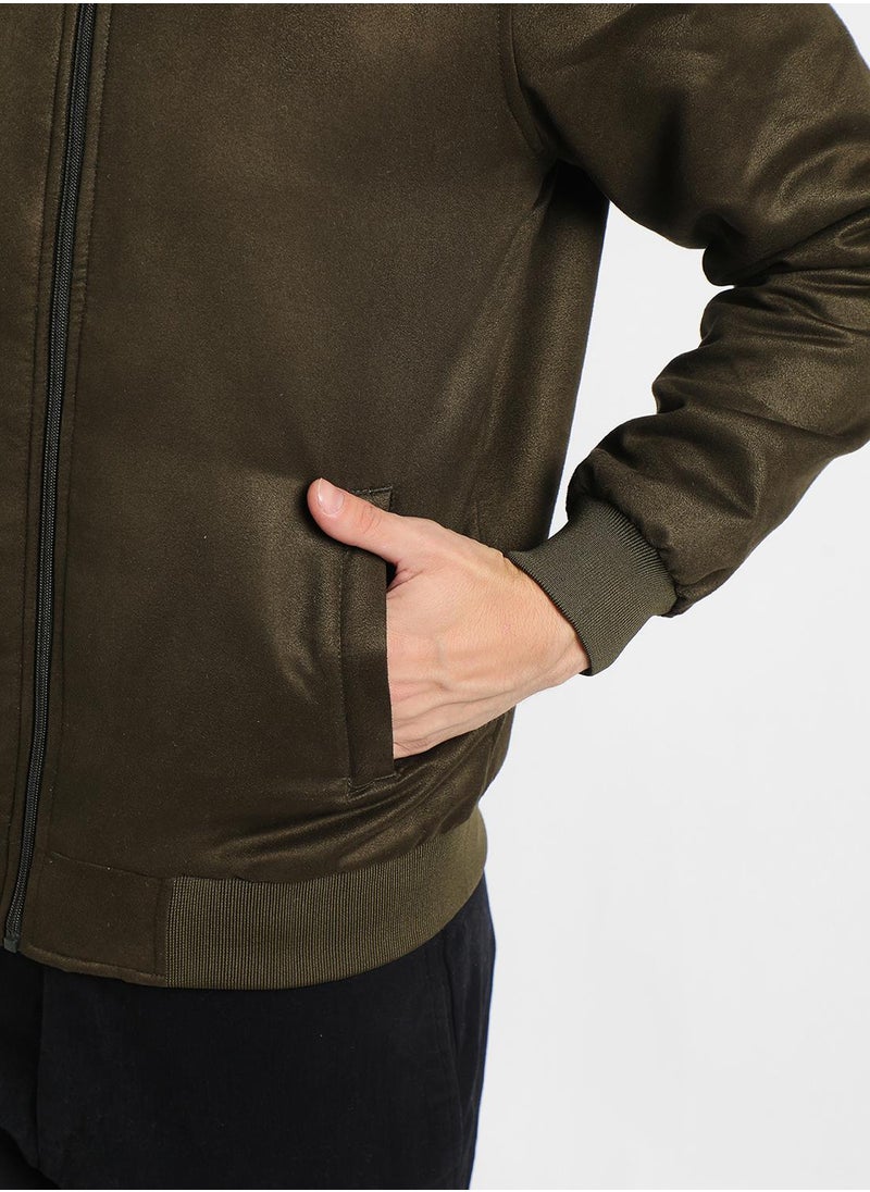 Olive Regular Fit Men's Solid Rib Collar Full Sleeves Polyester Jacket with Zipper Closure