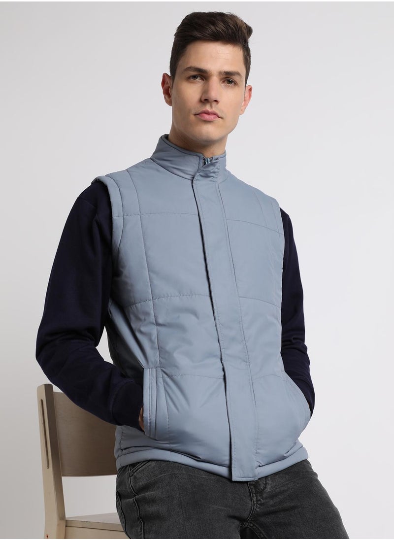 Heaven Blue Regular Fit Men's Solid Mock Neck Sleeveless Polyester Jacket with Zipper Closure