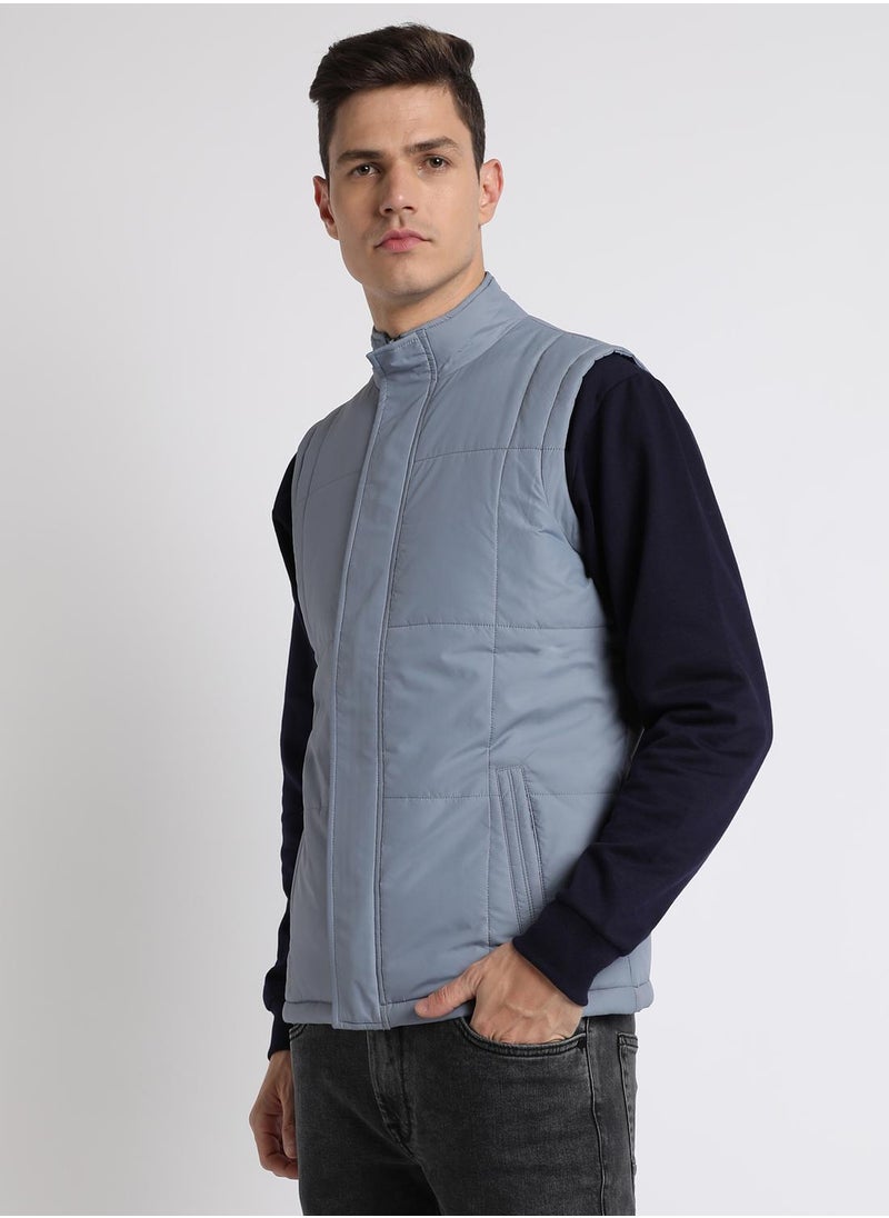 Heaven Blue Regular Fit Men's Solid Mock Neck Sleeveless Polyester Jacket with Zipper Closure