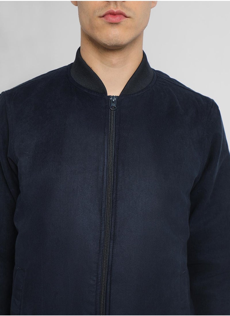 Navy Regular Fit Men's Solid Rib Collar Full Sleeves Polyester Jacket with Zipper Closure