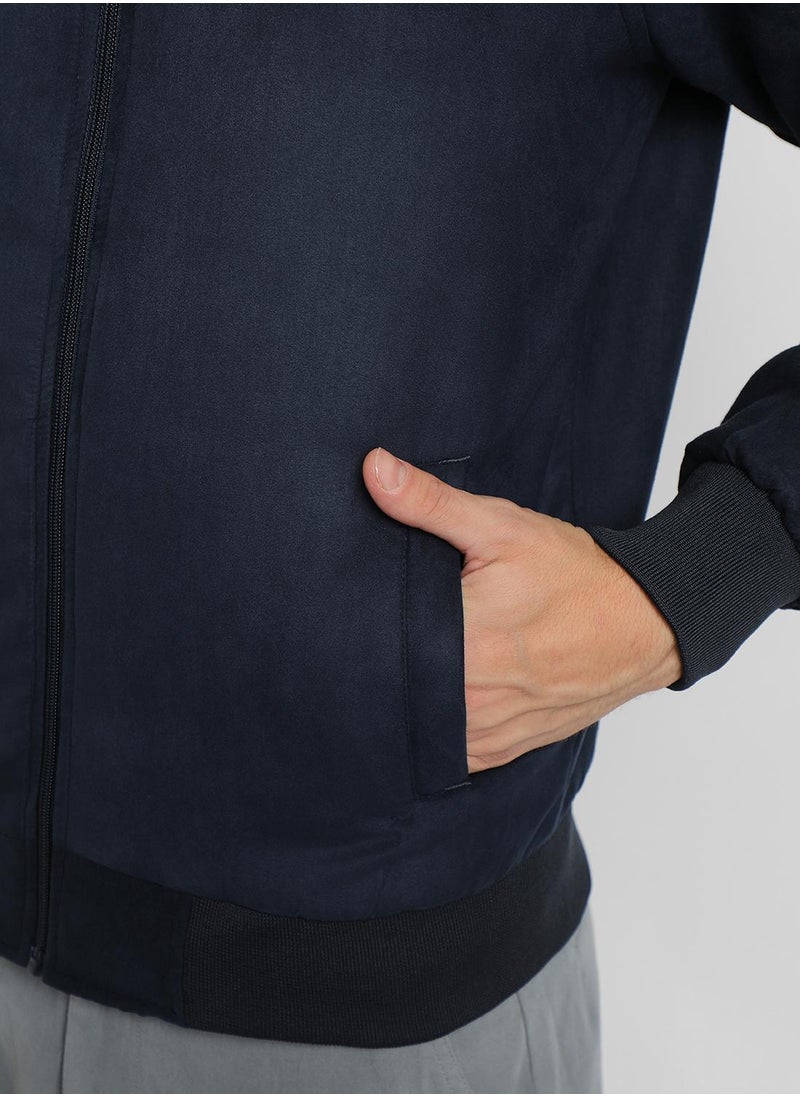 Navy Regular Fit Men's Solid Rib Collar Full Sleeves Polyester Jacket with Zipper Closure