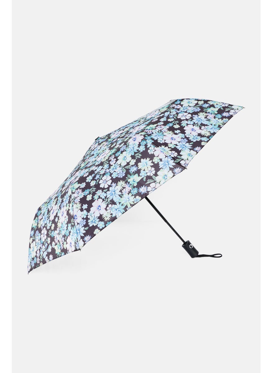 Floral Print Folded Umbrella, Black