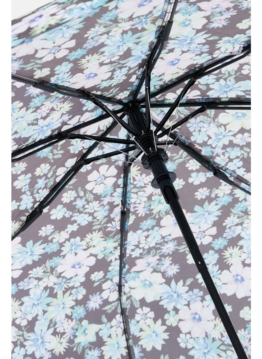 Floral Print Folded Umbrella, Black